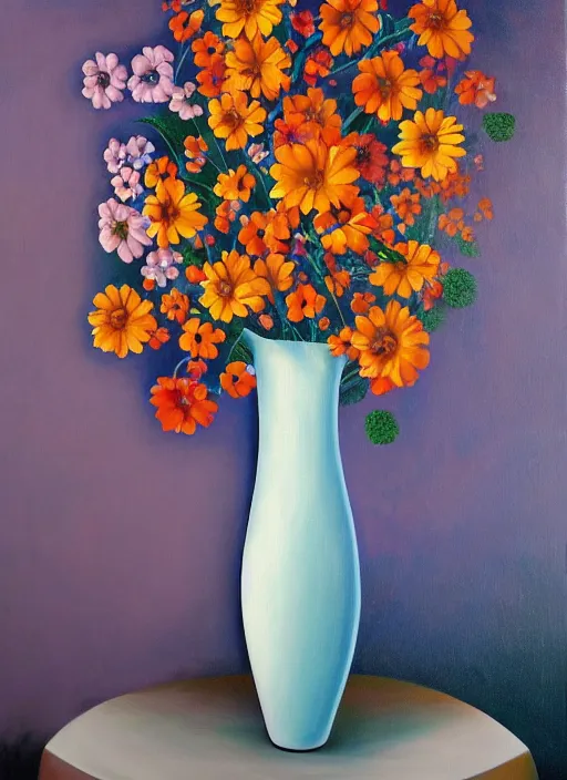 Image similar to a painting of a vase with flowers in it, a surrealist painting by Bridget Bate Tichenor, featured on deviantart, metaphysical painting, oil on canvas, acrylic art, airbrush art