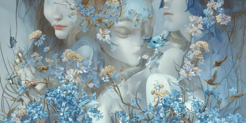 Image similar to breathtaking detailed concept art painting art deco pattern of blonde faces goddesses amalmation light - blue flowers with anxious piercing eyes and blend of flowers and birds, by hsiao - ron cheng and john james audubon, bizarre compositions, exquisite detail, extremely moody lighting, 8 k