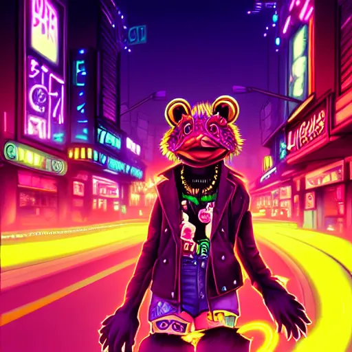 Prompt: beautiful furry digital art portrait commission of an androgynous furry anthro frog fursona wearing punk clothes in the streets of a cyberpunk city. neon signs. character design by charlie bowater, ross tran, artgerm, and makoto shinkai