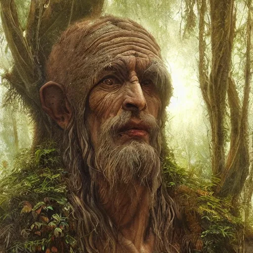 Prompt: A portait of an ancient druid made of bark, he live hidden in the vegetation of a forgotten forest, highly detailed painting, by Artgerm and Raphael Lacoste