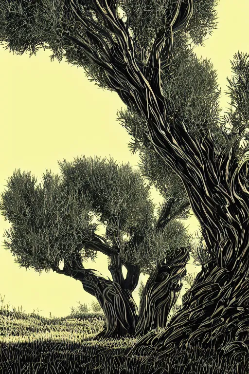 Prompt: a beautiful linocut print of an olive tree, 8 k, frostbite 3 engine, cryengine, dof, trending on artstation, digital art, crepuscular ray, by sergio sanchez santamaria