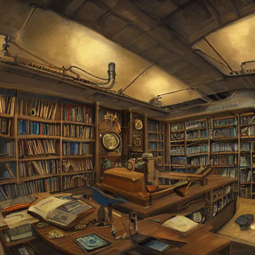 Image similar to steampunk oceanographer study, maps crowding the walls, bookshelves, paintings of ocean topography, sonar equipment, marine biologist lab, bookshelves, incandescent lighting, unreal engine, bibliopunk