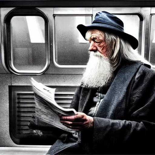 Image similar to gandalf sitting in subway train, reading newspaper and smoking pipo, photorealistic, dramatic lighting