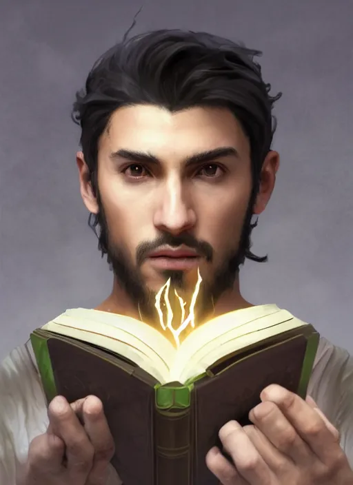 Image similar to character concept portrait of a handsome young corrupted hispanic wizard with olive skin casting an evil spell, a floating iridescent spell book in the center, intricate, elegant, digital painting, concept art, smooth, sharp focus, illustration, from Metal Gear, by Ruan Jia and Mandy Jurgens and William-Adolphe Bouguereau, Artgerm