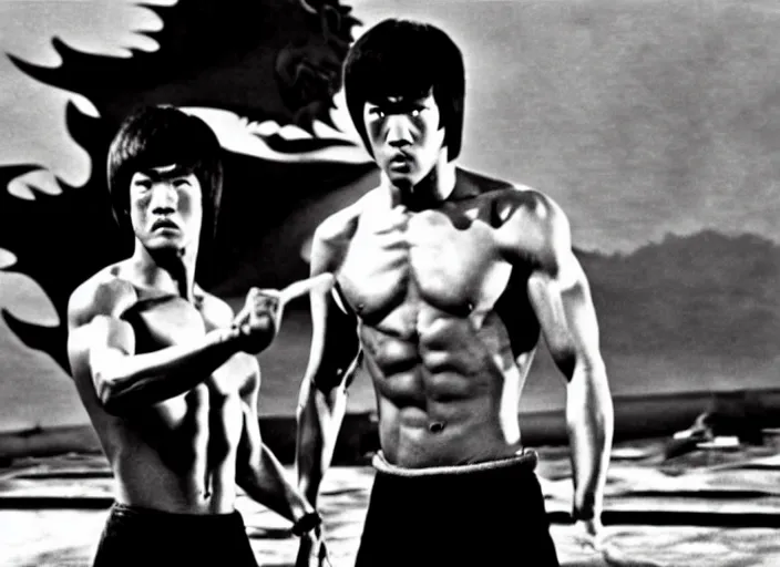 Prompt: Bruce Lee vs. a gigantic dragon, kung-fu film, vintage, martial arts, urban fantasy