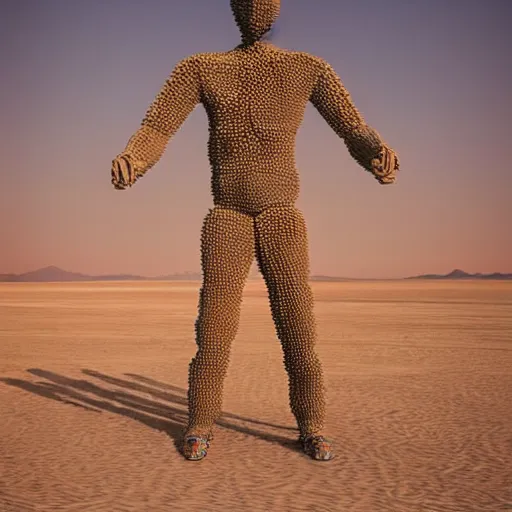 Image similar to highly detailed 3d render of burning man festival sculpture of man made of cornflowers by Beeple