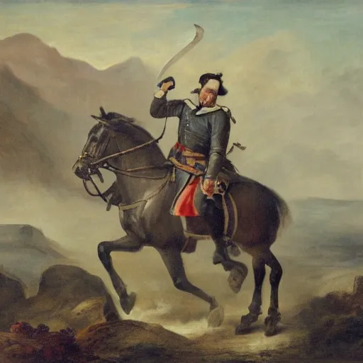 Image similar to portrait of a man mounted on horseback while raising a sword with his right hand pointed north, behind him 1 0 0 0 people can be seen fighting with swords and muskets typical of the war of independence, low light, cloudy, mountains in the foggy background