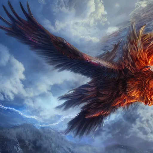 Image similar to A wide shot of griffin in the sky, colorful eyes, glowing eyes, fire, frost, angry, demonic, detailed, realism, hyper-realistic, 8k, hd, detailed face, looking up in the sky,