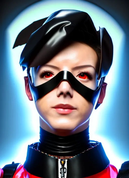 Prompt: rembrant style portrait digital artwork of tracer overwatch, confident pose, wearing black iridescent rainbow latex, 4 k, expressive happy smug expression, makeup, in style of mark arian, wearing detailed black leather collar, wearing sleek armor, black leather harness, expressive detailed face and eyes,