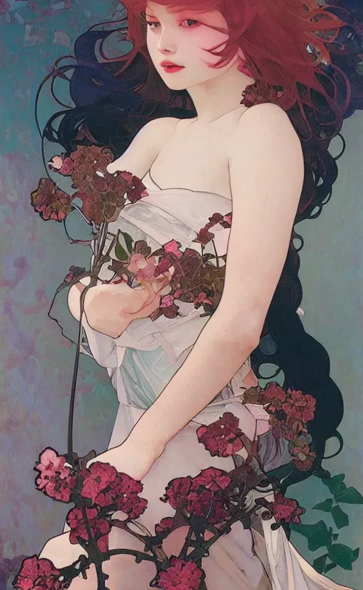 Prompt: egirl!!!!! aesthetic!!!! girl painting by tran nguyen ilya kuvshinov ( ( ( alphonse mucha ) ) ) and greg rutkowski