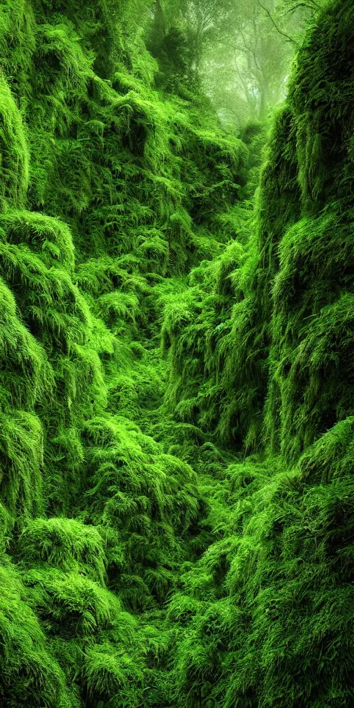 Prompt: a hyper realistic photograph fertile, lush mossy canyon, ferns, minimalist structure, misty, raining, in the style of reuben wu, roger deakins