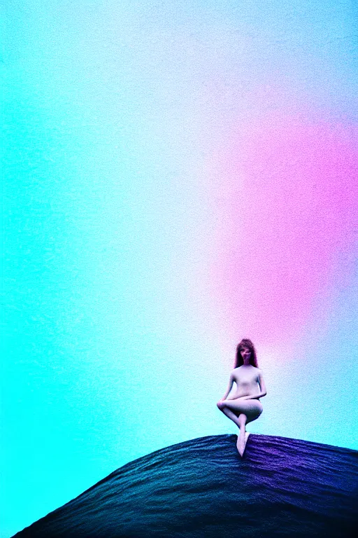 Image similar to high quality pastel coloured film close up wide angle photograph of a model wearing clothing swimming on cloud furniture in a icelandic black rock!! environment in a partially haze filled dreamstate world. three point light, rainbow. photographic production. art directed. pastel colours. volumetric clouds. pastel gradient overlay. waves glitch artefacts. extreme facial clarity. 8 k. filmic.