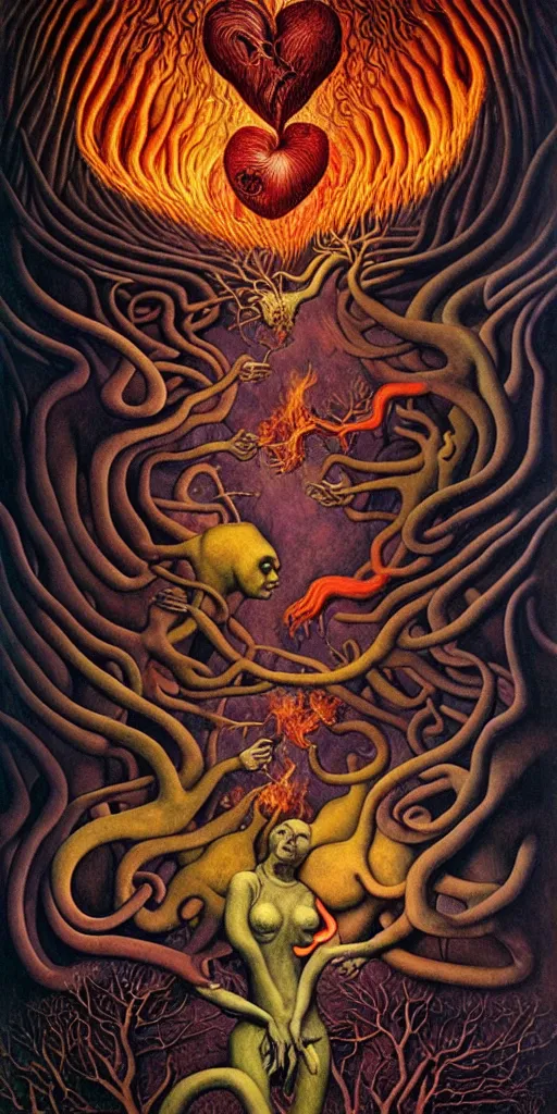 Prompt: mythical creatures and monsters in the visceral anatomical human heart imaginal realm of the collective unconscious, in a dark surreal mixed media oil painting by johfra, mc escher and ronny khalil, dramatic lighting fire glow