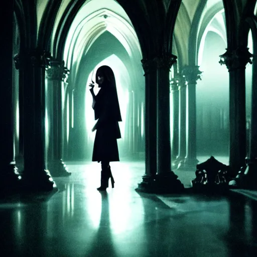Image similar to medium shot of mary elizabeth winstead as a vampire in a gothic cathedral at night, gloomy, cinematic, ground mist, volumetric light.