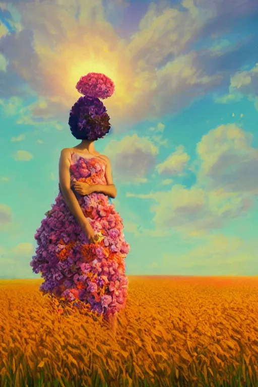 Image similar to closeup, giant flower head, girl in suit standing in a field of flowers, surreal photography, sunrise, blue sky, dramatic light, impressionist painting, digital painting, artstation, simon stalenhag