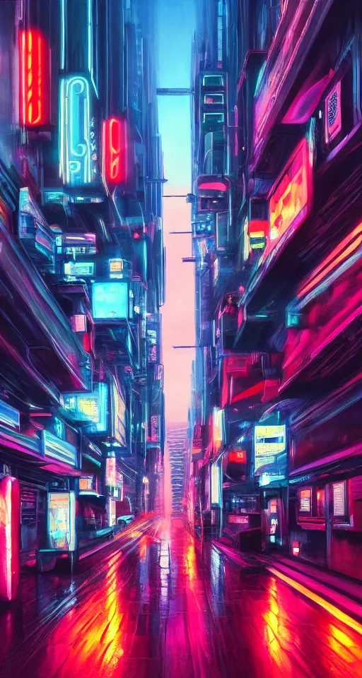 Image similar to hyperrealism oil painting, cyberpunk, city, neon lights, glow, retrowave style, sunset,