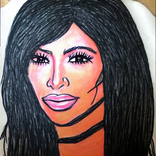 Image similar to Kim Kardashian poorly drawn in wax crayon by a five-year old