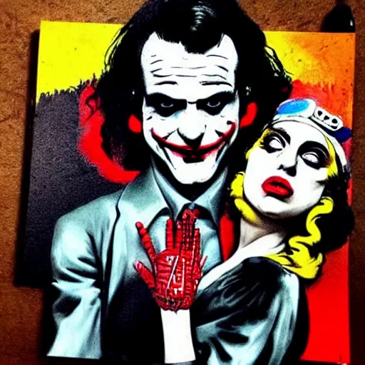 Image similar to mimmo rottela and banksy as joaquin phoenix skinny joker holding hand lady gaga harley queen, photorealistic, intricate details, pop art style, baroque, hyperdetailed, concept art, ultrarealistic, 3 colors