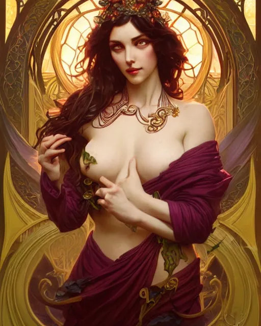 Prompt: beautiful sexy queen of the Passion flowers art nouveau, D&D, fantasy, intricate, elegant, highly detailed, digital painting, artstation, concept art, matte, sharp focus, illustration, hearthstone, art by Artgerm and Greg Rutkowski and Alphonse Mucha