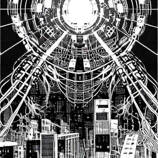 Prompt: sad biological androids with tentacles, through a huge cybernetic megastructure multi - level metropolis in space, black and white, by nihei tsutomu