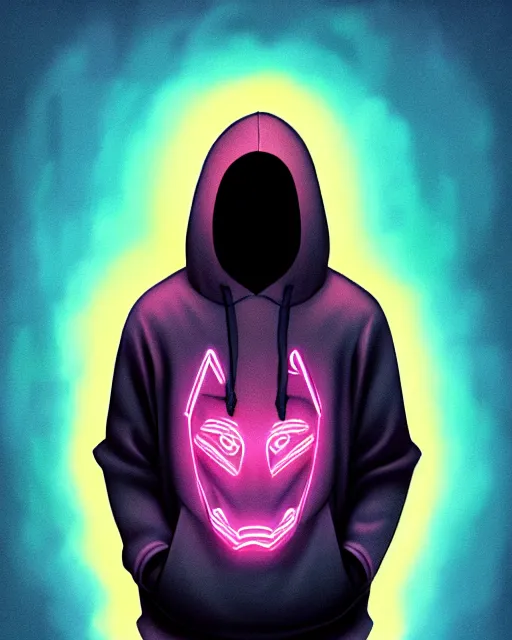 Image similar to synthwave, hyper - realistic portrait of a man in a hoodie, with kitsune mask, intricate, 4 k, by atey ghailan, by greg rutkowski, by greg tocchini, by james gilleard, by joe fenton, by kaethe butcher, dynamic lighting, lighting color scheme, sharp focus, grunge aesthetic