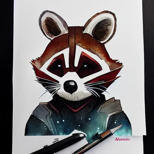 Prompt: racoon holding a laser gun, guardians of the galaxy style, centered award winning watercolor pen illustration, by range murata