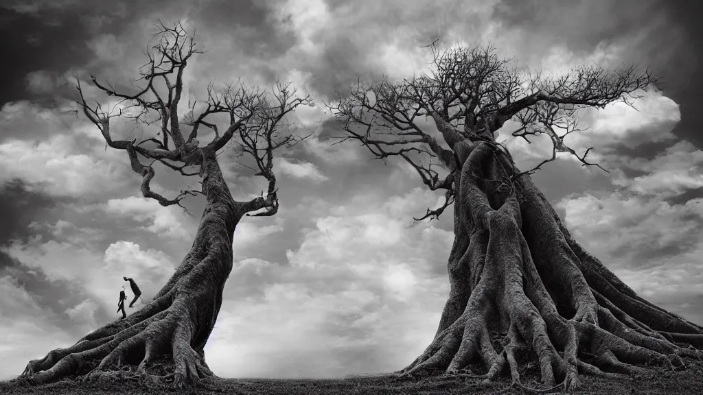 Prompt: tree roots reaching up into the clouds and a man with his arms outstretched to the sky, surrealism photography by Sarolta Bán