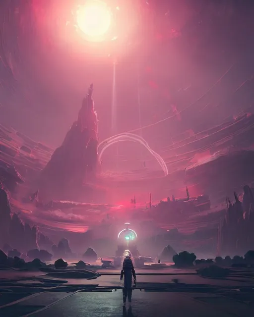 Image similar to beautiful landscape, nier automata, protoss temple!!!, machine planet, pink sun, colorful light, advanced technology, cinematic lighting, highly detailed, masterpiece, art by bastien grivet and darwin cellis and jan urschel