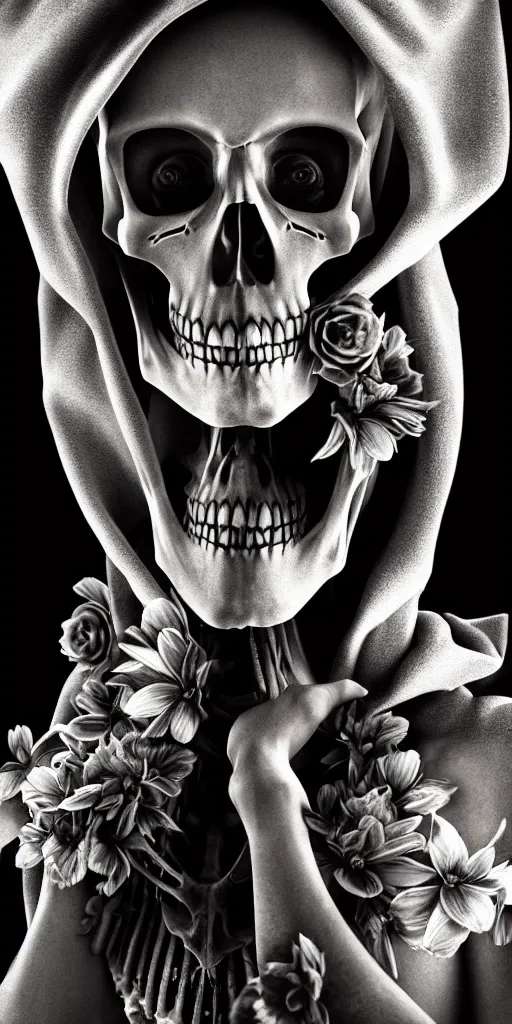 Prompt: cinematic shot epic portrait skeleton wearing a dark robe holding flowers crying, hyper realistic, mood lighting, fantasy, detailed face, highly detailed, super realistic, perfect lighting