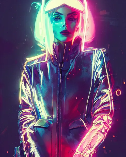 Image similar to neon operator margot robbie, cyberpunk futuristic neon, reflective puffer jacket, decorated with traditional japanese ornaments by ismail inceoglu dragan bibin hans thoma greg rutkowski alexandros pyromallis nekro rene maritte illustrated, perfect face, fine details, realistic shaded, fine - face, pretty face