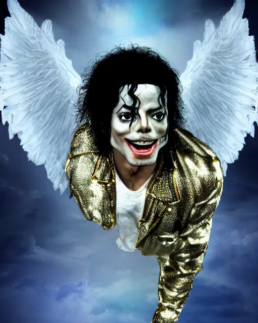 Image similar to highly detailed film still of Michael Jackson sat on a cloud in heaven with angel wings by Joe Simko, grotesque, 8k, hd, hyperdetailed, award winning cinematography