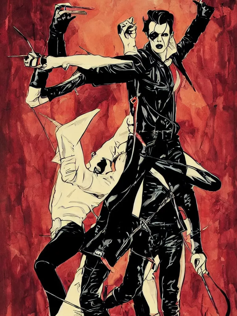 Image similar to Rafael Albuquerque comic art, art nouveau, David Bowie, vampire, sharp teeth, leather jacket, jeans, long red hair, full body