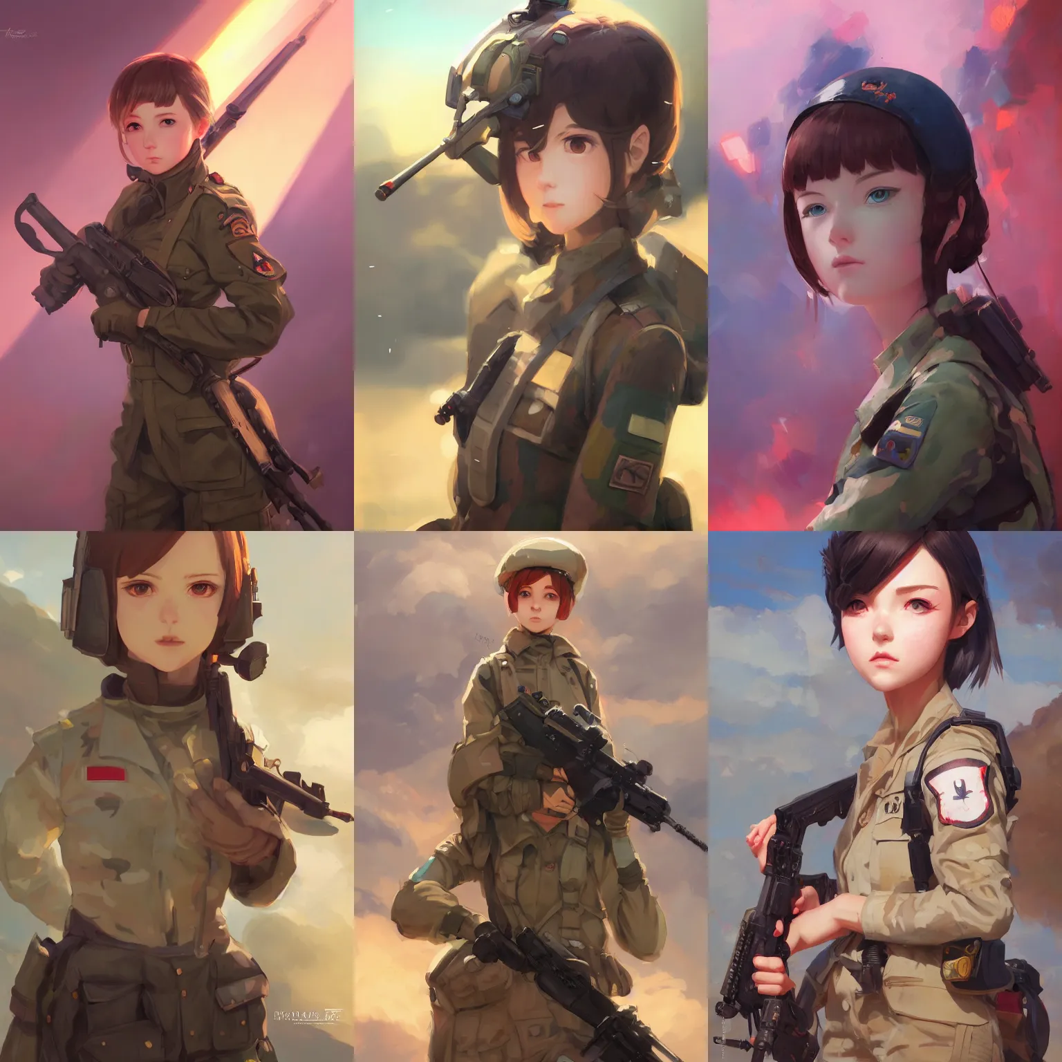 Prompt: a portrait of a cute female soldier, combat setting, vivid colors, soft lighting, atmospheric, cinematic, moody, in the style of ilya kuvshinov and range murata, krenz cushart, rule of thirds, oil on canvas, 8 k