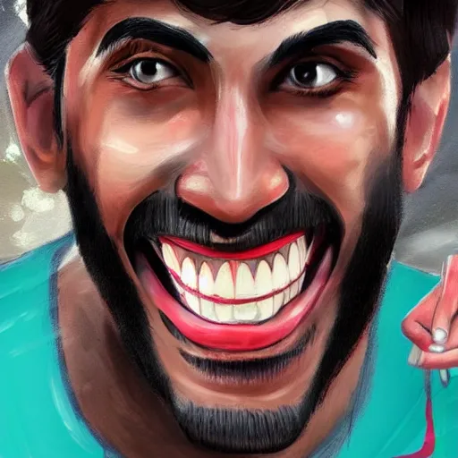 Prompt: detailed art of rishi sunak posing and grinning with a thousand teeth