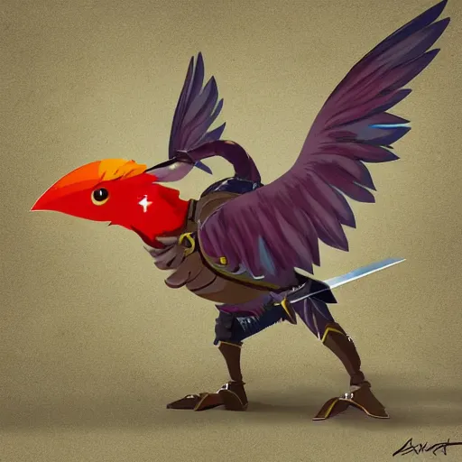 Prompt: avian leader in a army combat uniform created entirely of feathers holding a rapier with a bright red beak medieval theme rito breath of the wild, digital art, cinematic lighting