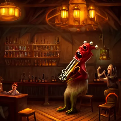 Prompt: monster playing trumpet in tavern to cheering patrons, artstation, fantasy