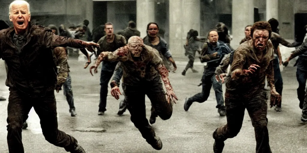 Image similar to movie still of joe biden running away from a hoard of infected zombies in the movie 2 8 days later, detailed, real, cinematic