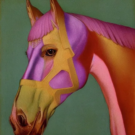 Prompt: painting of a glorious horse head, editorial fashion photography, pastel color palette, by łempicka