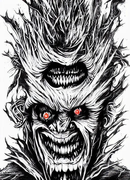 Image similar to Donald Trump's monstrous true form on a 1990s horror movie poster, inking, vintage 90s print, detailed, scary, horror, screen print, trending on artstation