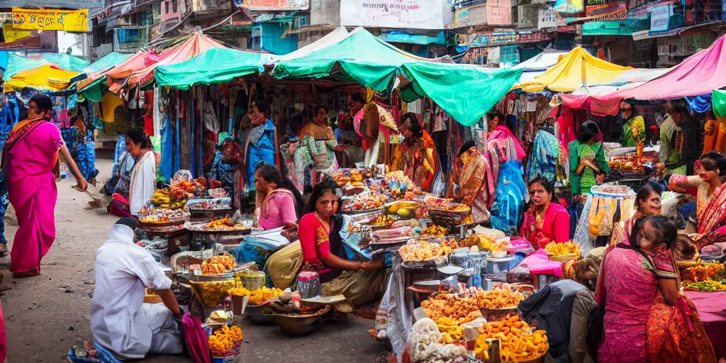 Image similar to indian street market filled with people, food stalls, rickshaws photography