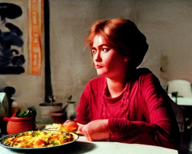 Image similar to 1 9 7 9 a soviet movie still a russian woman sitting at a table with a plate of food in dark warm light, a character portrait by nadya rusheva, featured on cg society, neo - fauvism, movie still, 8 k, fauvism, cinestill, bokeh, gelios lens