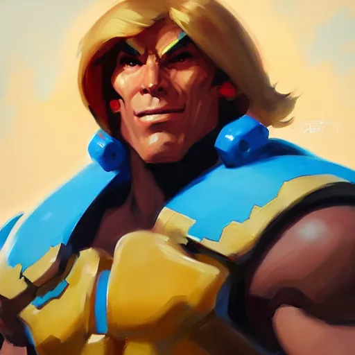 Image similar to Greg Manchess portrait painting of HeMan as Overwatch character, medium shot, asymmetrical, profile picture, Organic Painting, sunny day, Matte Painting, bold shapes, hard edges, street art, trending on artstation, by Huang Guangjian and Gil Elvgren and Sachin Teng