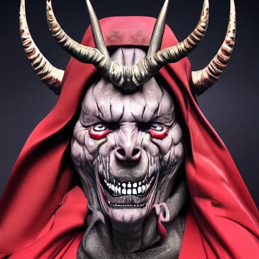 Prompt: demonic emperorin red robe with giant horns creepy smiling. photorealistic, trending on artstation, digital art, extremely detailed, comicpanel, monochromatic, futurism, dan mumofrd, rafael grasetti