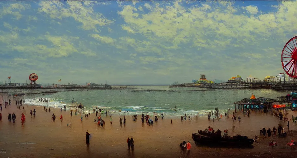 Prompt: beautiful oil painted landscape of Coney Island and wonder wheel, ocean with flowy clouds dreamy painted by Halil Ural and John Atkinson Grimshaw trending on artstation