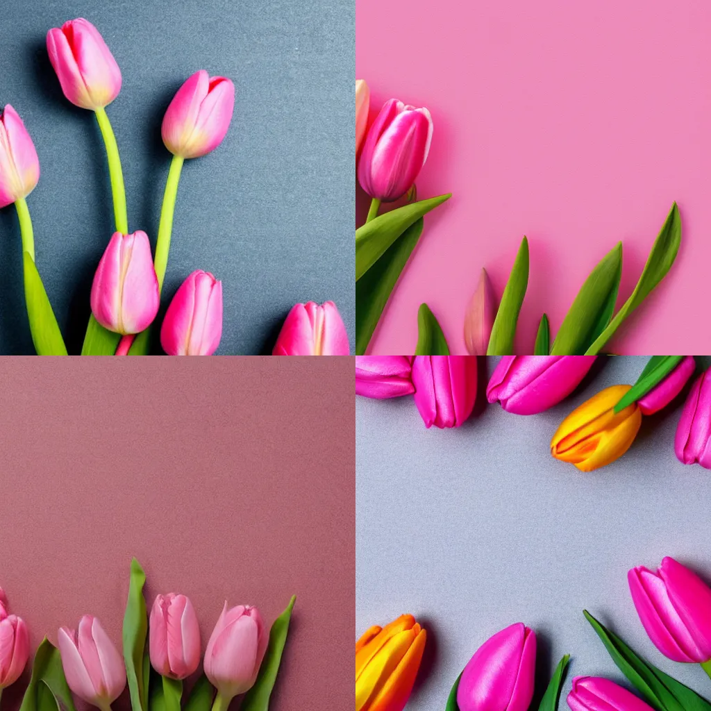 Prompt: pink tulips flowers on pastel pink background, laying flat, top view, with copy space on top