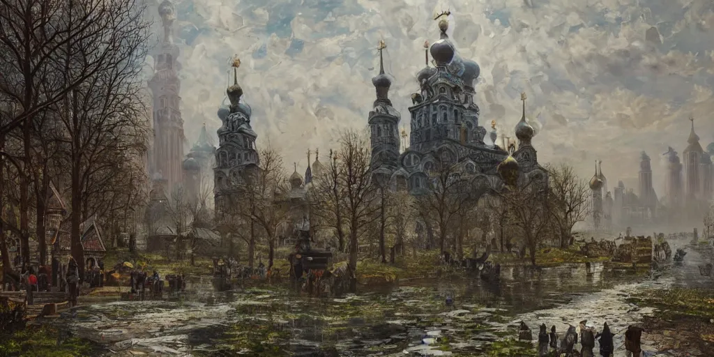 Image similar to beautiful magical ancient Slavic city of Kitezh, magic mist, strange buildings, oil painting, painting by Viktor Vasnetsov, concept art, fantasy cityscape, ancient Russian architecture, painting by Ivan Shishkin, hyperborea, high resolution, trending on artstation,