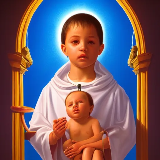 Prompt: portrait of a holy catholic baby by Greg Hildebrandt, trending on art station, 4k UHD, 8k, painting illustration, realistic volumetric lighting, rendered in unreal engine, high detail, photorealistic