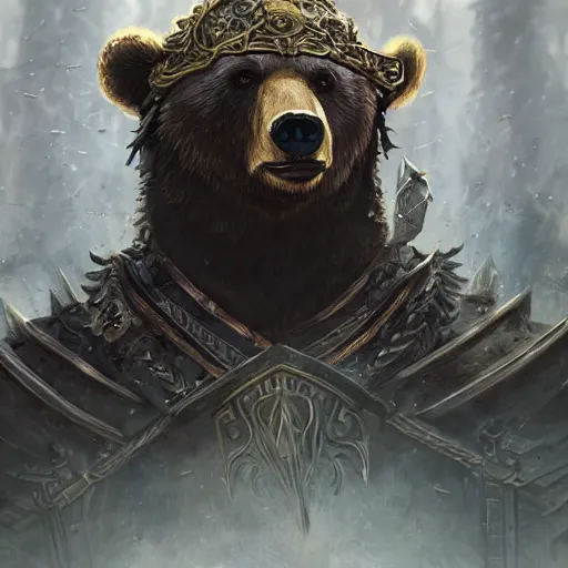 Image similar to Bear, Anthropomorphized, as scarred warlord general on throne, magic the gathering artwork, D&D, fantasy, cinematic lighting, centered, symmetrical, highly detailed, digital painting, artstation, concept art, smooth, sharp focus, illustration, volumetric lighting, epic Composition, 8k, art by Akihiko Yoshida and Greg Rutkowski and Craig Mullins, heroic pose, oil painting, cgsociety, Battlefield background, explosions, arrows