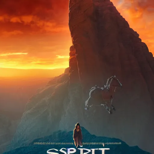 Image similar to spirit, from the spirit movie, with the girl lucky on his back riding next to a canyon into the sunset, movie poster, intricate detail, 8 k, trending on artstation, octane render