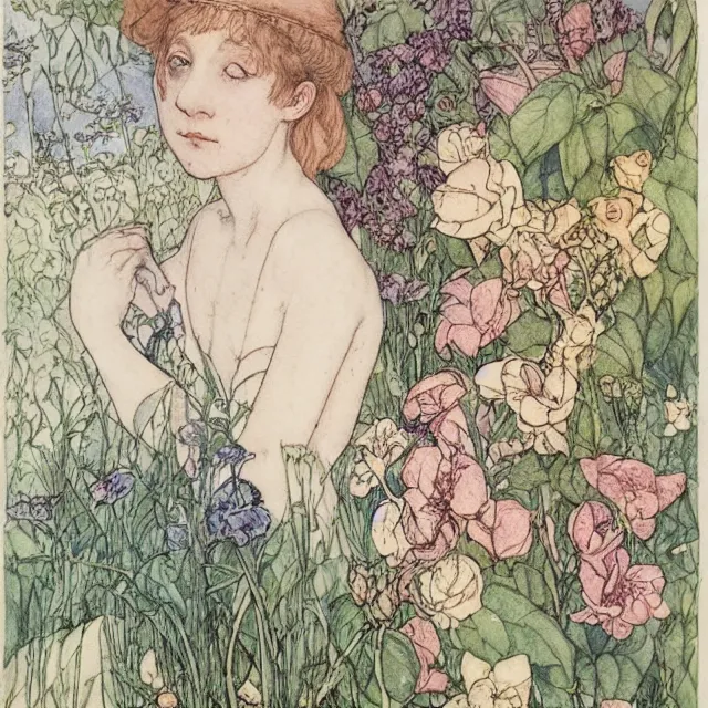 Image similar to a detailed, intricate watercolor and ink portrait illustration with fine lines of young 1 4 year old saoirse emma ronan watson looking over her shoulder, among flowers, by arthur rackham and edmund dulac and walter crane